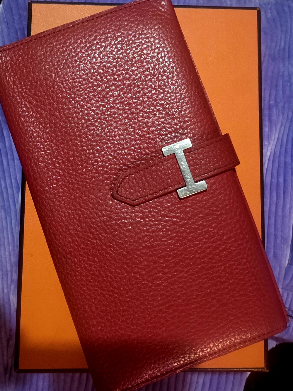 Hermes Red Textured Leather Bifold Wallet with Silver H Clasp